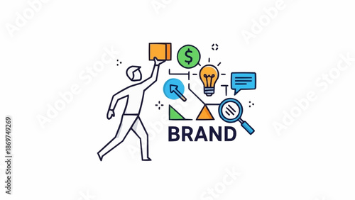Man holding box with brand elements and business icons.