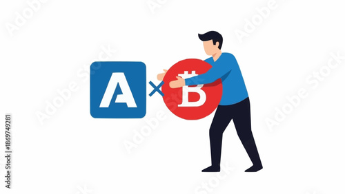 Man holding Bitcoin symbol next to A and B letters.