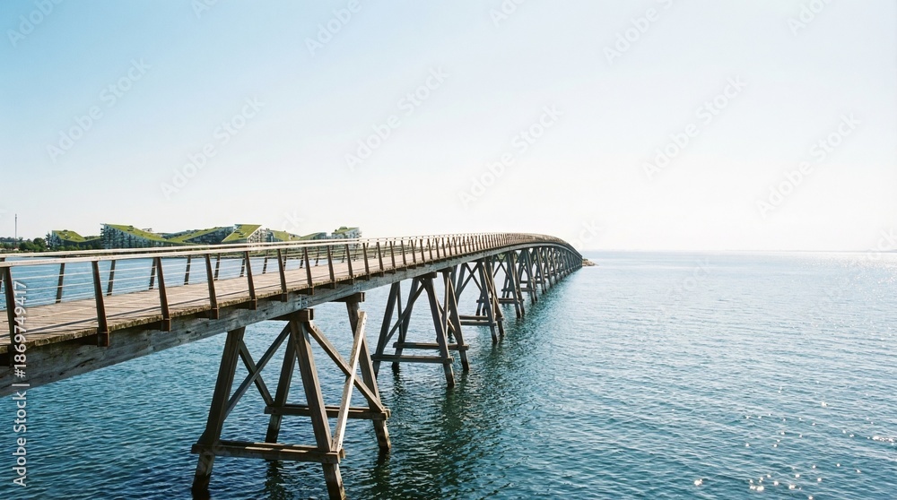 Obraz premium Wide shot of wooden pier extending over calm blue water. Serene coastal landscape with clear sky and distant shoreline. Tranquil seaside view capturing peaceful ocean horizon at sunrise.