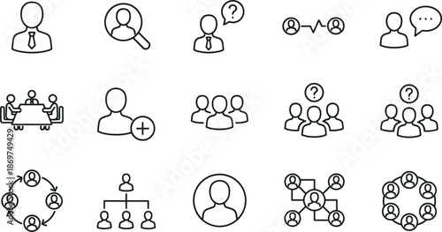 Human resources icon set featuring team management networking leadership recruitment and professional user profile symbols for business collaboration.