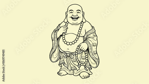 Smiling Buddha Statue with Beads and Robes in a Peaceful Pose.