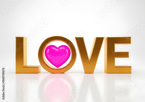 Shining Golden 3D Text Spelling LOVE with Bright Pink Heart Symbol