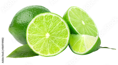 Obraz na plátně Fresh limes whole and sliced with green leaf