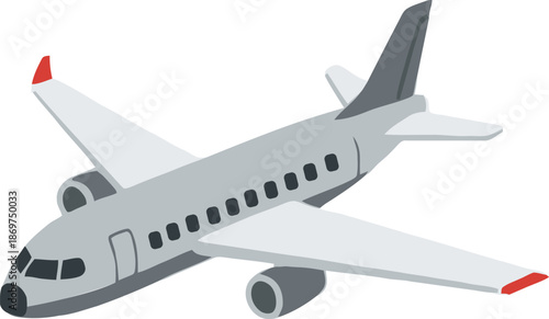 A detailed illustration of a modern commercial passenger airplane in flight, showcasing its sleek design and aerodynamic features.