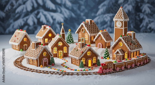 A festive holiday village made of gingerbread houses and buildings with snow covered trees in the background and a train track running through the scene