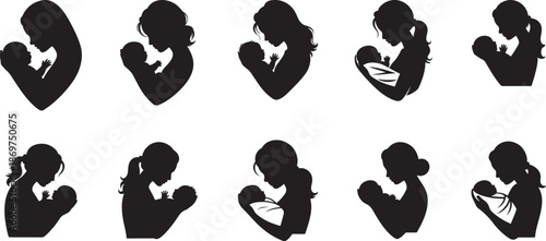 Mother and Baby Silhouette Set, Mothers Day Black Silhouette Icon Set.