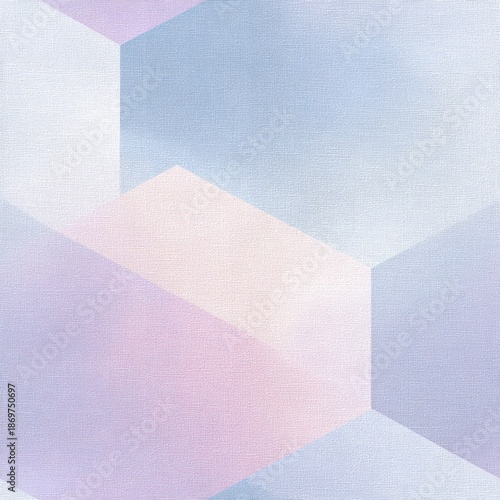 Geometric shapes create a seamless pattern with soft pastel colors and gradients in blue and pink