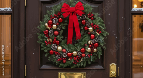 Christmas wreath on a brown wooden door with red bow and ornaments for holiday decoration with festive and seasonal and winter and evergreen