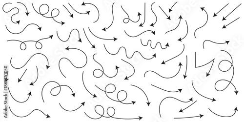 Collection of hand drawn doodle arrows with curved lines. Black thin line arrows indicating different direction. Doodle arrows isolated on white background.
