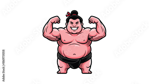 Strong Sumo Wrestler Posing with Flexed Muscles and Smiling Face.