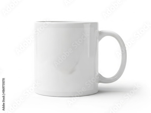 Beautiful white coffee mug with handle on white background for design and mockup purposes isolated on white background