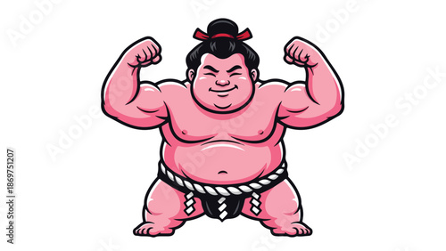 Strong Sumo Wrestler Posing with Flexed Muscles in Cartoon Style.