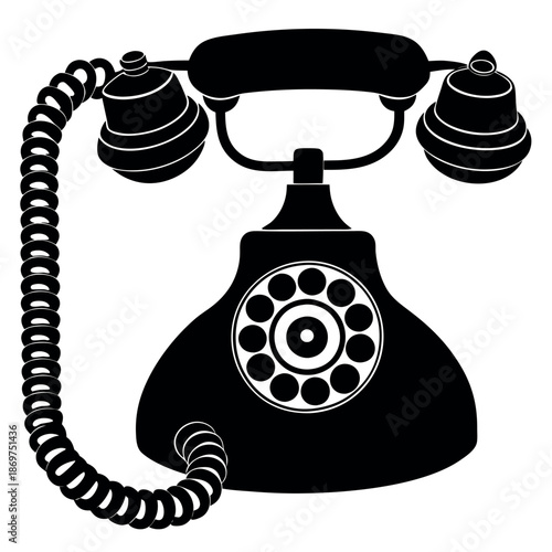 Silhouette of a vintage rotary phone with a coiled 