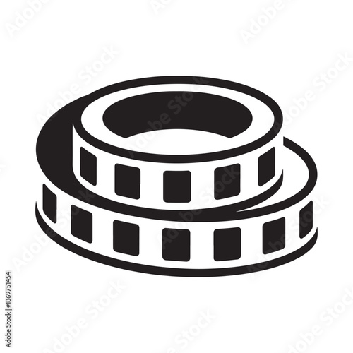 Black and white illustration of a film reel stacked in a spiral design