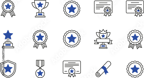 Professional award icon set featuring trophy cups medals ribbons certificates and star symbols for success achievement and recognition ranking.