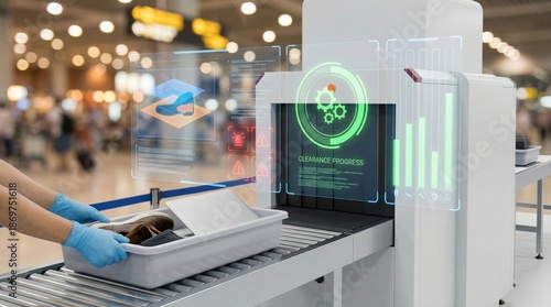 Modern airport security checkpoint with xray scanner and holographic interface