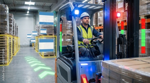 Fototapeta Warehouse forklift operator moving pallets in storage facility