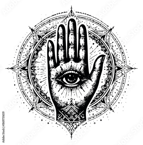 Hand drawn line art illustration of a hamsa hand with an all-seeing eye depicting mystical protection for spiritual and esoteric themes