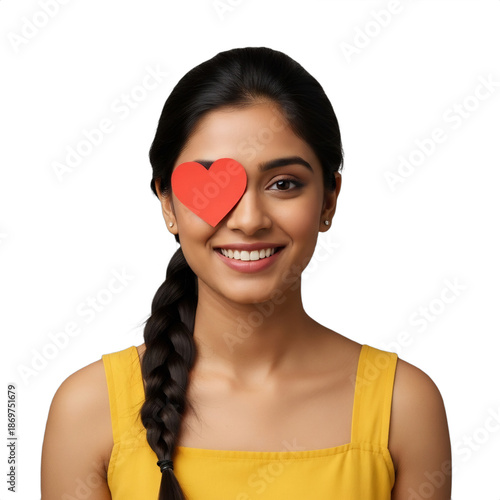 Headshot of smiling 24-year-old South Asian female student in yellow sundress, covering eye with red heart, braid. Perfect for Valentine's Day, education, love, and youth diversity campaigns.