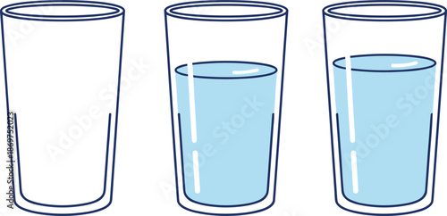 Set of three drinking water glasses showing empty half full and full levels for hydration health and wellness.