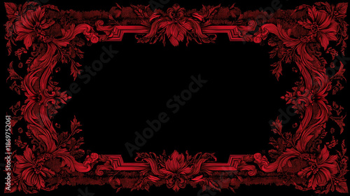 Red ornate floral frame on black background with elegant copy space