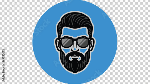 Stylish man with beard and sunglasses in a blue circle.