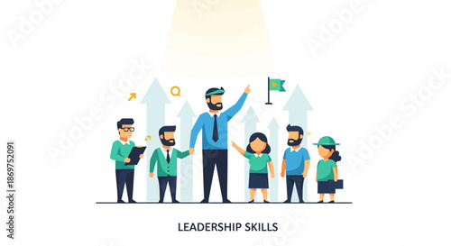 A diverse group of business professionals illustrating leadership skills with a bearded man in blue leading and holding a flag standing out among colleagues in green