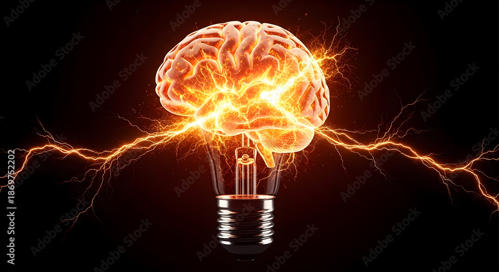 Fototapeta premium Brain Lightbulb Idea Concept with Electrical Discharge.