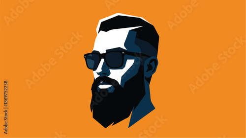 Stylish man with beard and sunglasses on orange background.