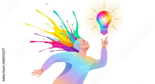 A person with colorful hair reaching up to a rainbow light bulb with a bright idea with creative and inspiration and innovation and imagination
