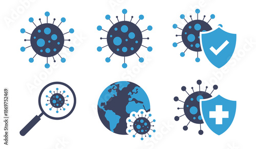 Virus protection and health safety icons, vector symbol set for websites, including blue line and glyph solid icons, representing medical safety, immunity, antivirus, and professional digital design
