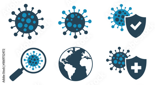 Virus protection and health safety icon set, blue vector illustrations in line and solid glyph style for websites, apps, medical, health, and professional