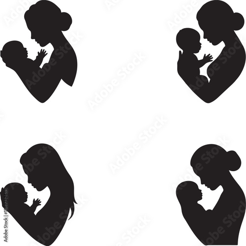 Mother Kissing Baby Silhouette Set.