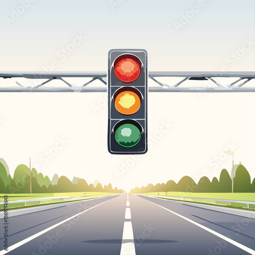 Highway traffic light signal hanging over road for transportation and safety management concept digital art illustration