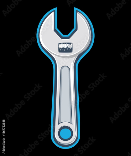 Silver chrome wrench spanner illustration with blue grip for industrial engineering and automotive repair equipment