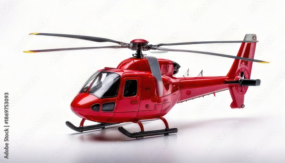 Fototapeta premium Vibrant Red Helicopter Model on a Clean White Background, Detailed View.
