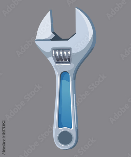 Silver metal wrench spanner illustration with blue handle detail for automotive repair and industrial construction