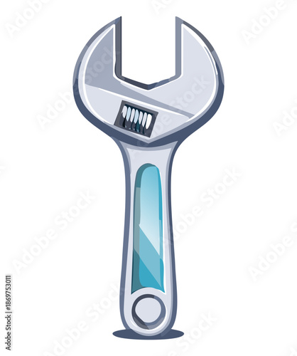 Silver chrome wrench spanner illustration with blue grip for industrial engineering and automotive repair equipment