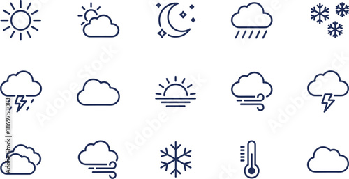 Minimalist weather forecast line icon set with sun clouds rain snow storm and temperature symbols for meteorology mobile application.