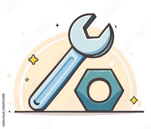 Metallic wrench spanner with nut icon for mechanical repair service and industrial maintenance workshop branding