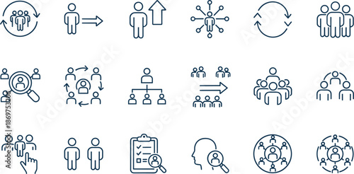 Human resources icon set featuring team management leadership recruitment organizational structure and professional networking symbols for business corporate interface.