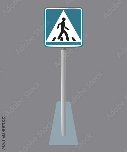 Pedestrian crossing sign on pole for urban road safety and city walkway traffic management control