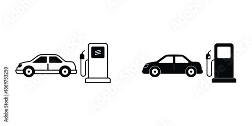 Gas Station Icon Set Outline and Solid Illustration Vector for Transportation Design
