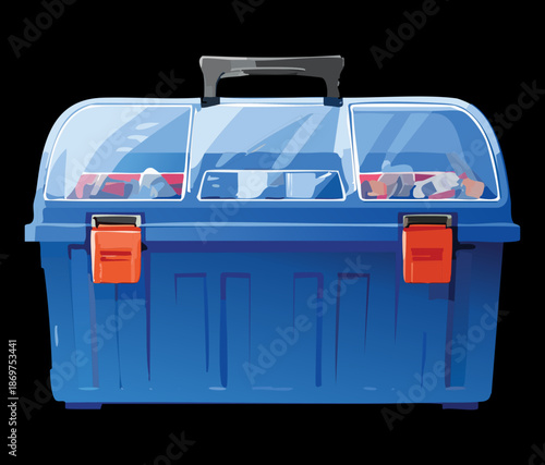Transparent blue plastic toolbox with orange latches for visible hardware and small parts organization storage box