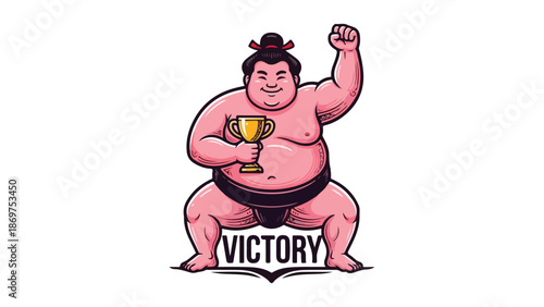 Sumo Wrestler Celebrating Victory with Trophy in Hand Champion.