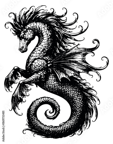 Hand drawn line art illustration of a mythical creature depicting an ornate fantasy monster for fantasy and mythological designs