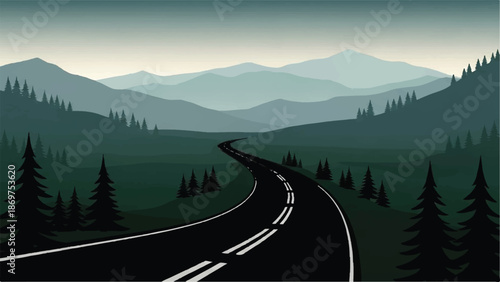 A winding road leads through a serene mountain landscape with pine trees vector illustration