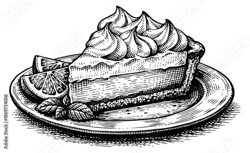 Hand drawn line art illustration of a lemon meringue pie slice depicting creamy meringue topping and lemon garnish for dessert menu design