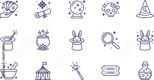 Magic mystery and wizardry line icon set for fantasy entertainment occult fortune telling circus show and mystical occult symbols.
