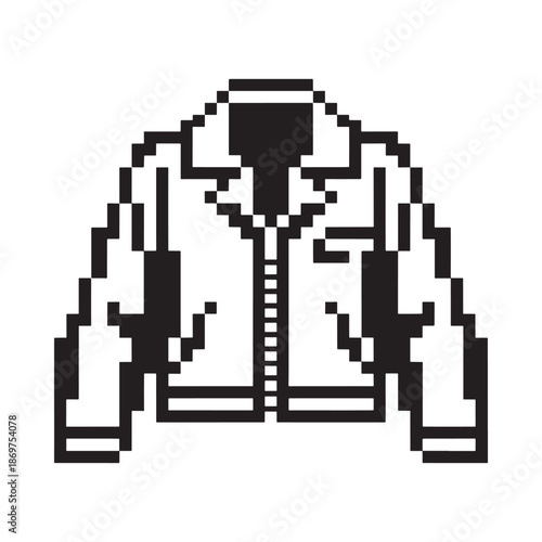 Pixelated black and white illustration of a classic bomber jacket design